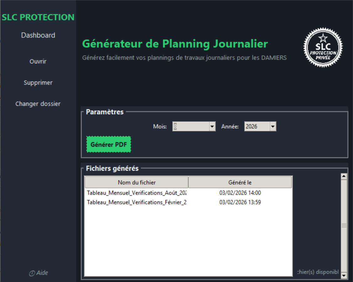 Interface du générateur de planning - SLC Protection